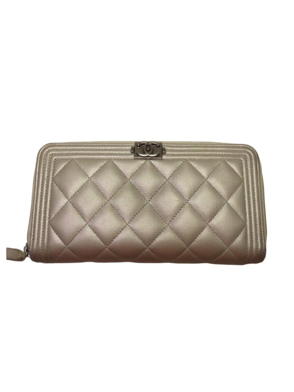 Chanel Boy Caviar Leather Silver Zip Around Wallet